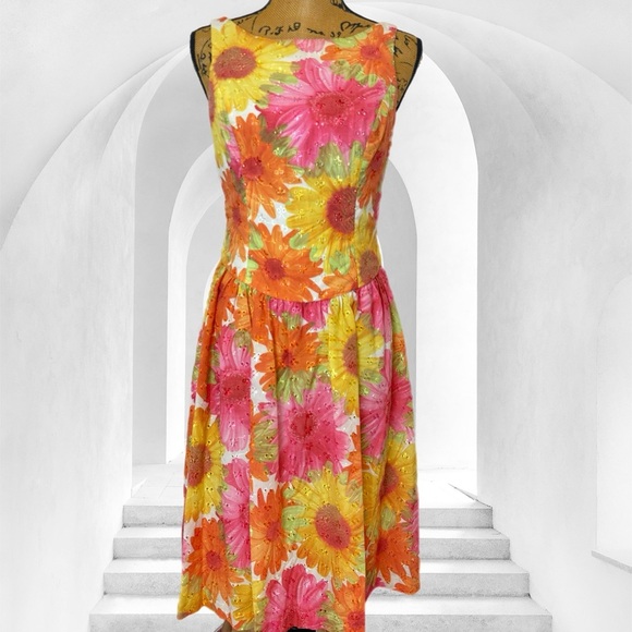 Carmen Marc Valvo Orange Pink Sleeveless A-Line Midi Dress boat neck daisy 4 - Picture 2 of 7